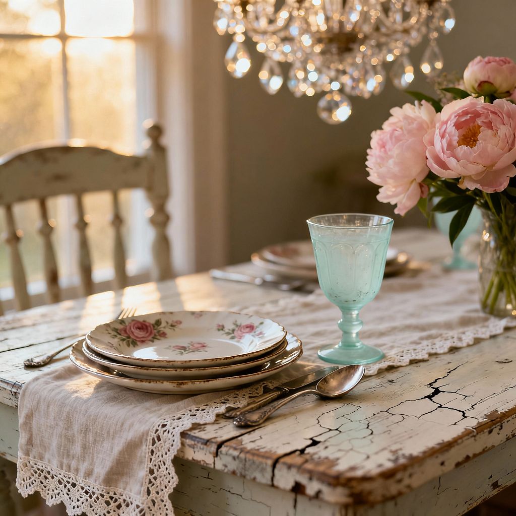 A shabby chic dining table with cream chippy paint is styled with a linen runner trimmed in lace, stacked floral porcelain plates, and patinated silver flatware. A seafoam pressed-glass goblet and a jar of pink peonies sit beneath a sparkling crystal chandelier, with a distressed spindle-back chair and warm evening light from a nearby window creating a soft, romantic atmosphere.
