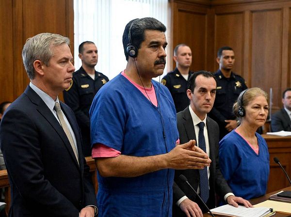 Digital photo of Nicolás Maduro with black background and ink-style facial sketch overlay.