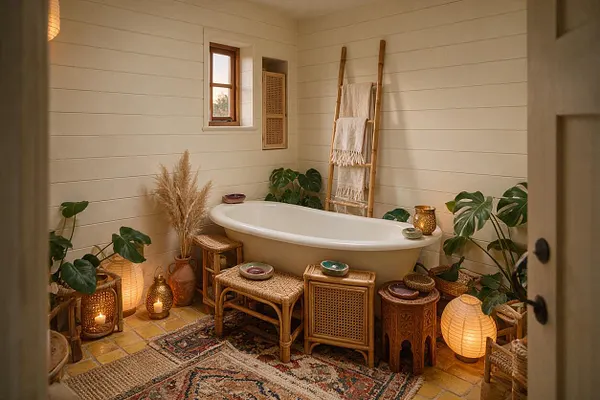 A cozy master bathroom with a freestanding white bathtub centered against cream shiplap walls, surrounded by woven rattan stools, carved wooden side tables, lanterns, and leafy green plants. A bamboo ladder towel rack, patterned rugs, and warm ambient lighting create a relaxed bohemian retreat.