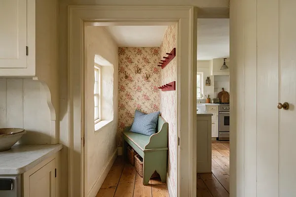 A narrow cottage-style mudroom with floral wallpaper, a mint green wooden bench with a blue cushion, and red wall-mounted coat pegs. The space has warm wooden plank floors, cream-painted trim, and soft natural light from a small window, with a glimpse into a farmhouse kitchen beyond.