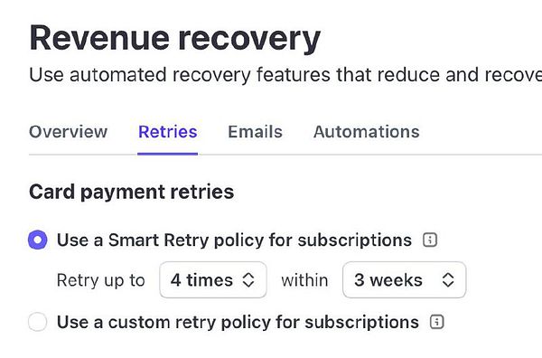 The image displays a Stripe interface for configuring revenue recovery settings.