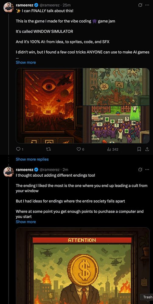 A Twitter post discussing the game 'Window Simulator' created for a coding game jam, featuring gameplay visuals and ideas for different endings.