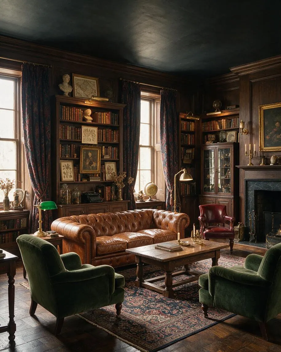 A dark academia living room with wood-paneled walls, tall bookshelves filled with old books, and heavy patterned drapes framing bright windows. A tufted caramel leather sofa sits behind a low wooden coffee table, surrounded by deep green velvet armchairs, a burgundy accent chair, a fireplace, and a patterned rug.