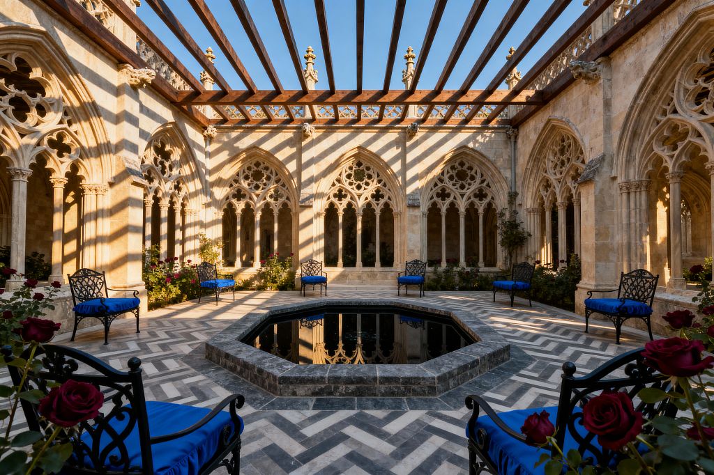An open-air Gothic cloister patio enclosed by carved limestone arcades with pointed arches and intricate tracery. A timber pergola overhead casts striped shadows onto a gray-and-white chevron stone floor surrounding an octagonal reflecting pool; black wrought-iron chairs with royal blue cushions line the edges beside rose bushes in bloom, with warm late-afternoon sunlight emphasizing the creamy stone walls and the deep blue sky.