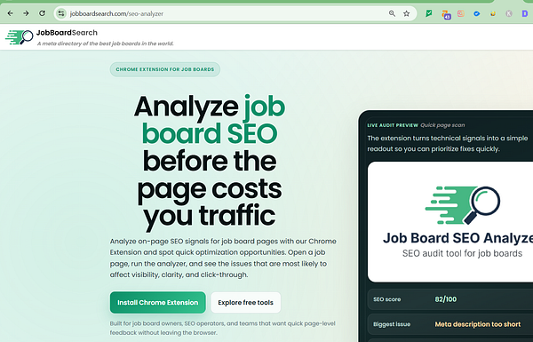 Landing page design for an SEO analyzer tool featuring a clean, modern interface with headline text, input field, and call-to-action buttons.