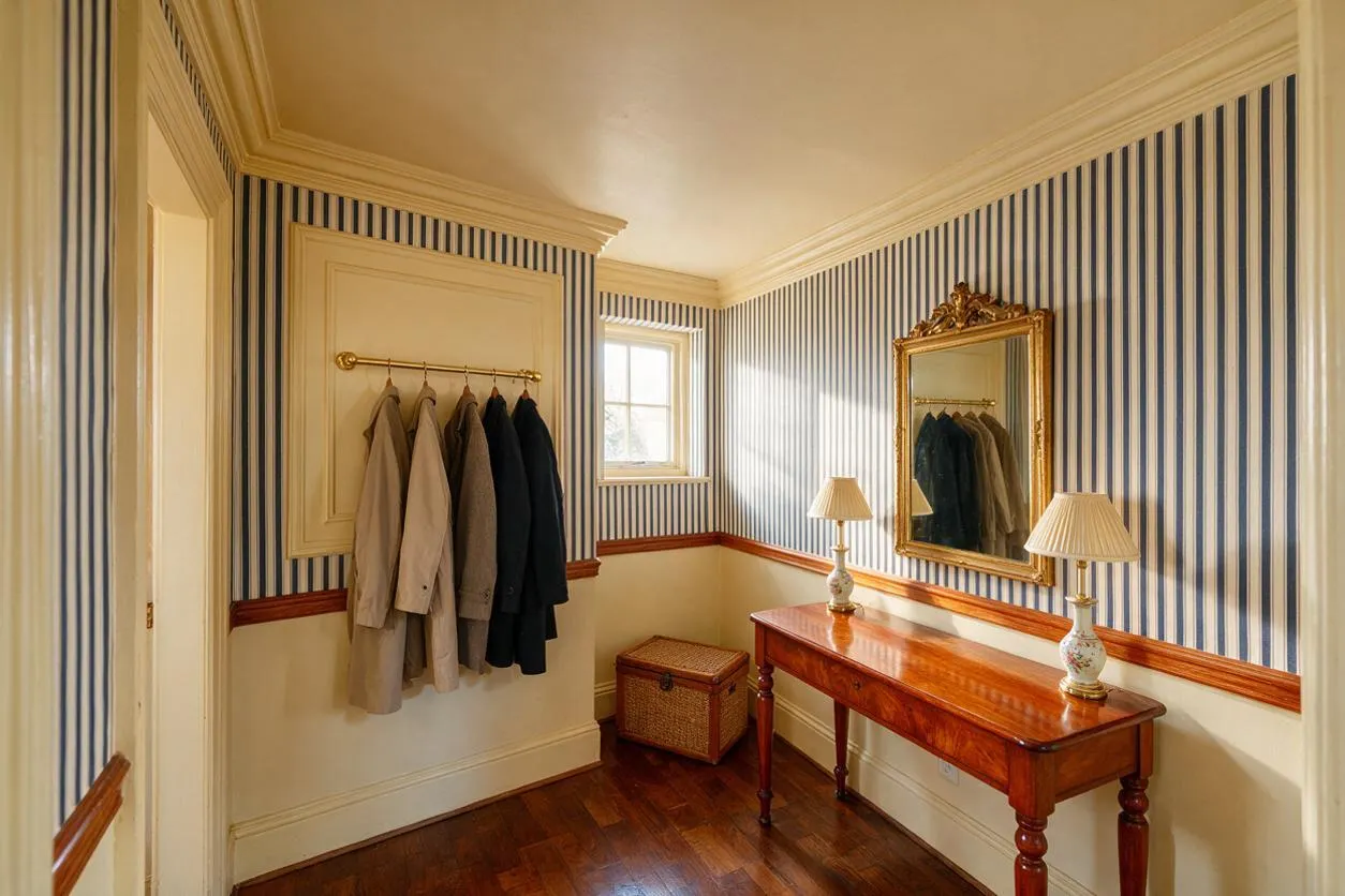 A traditional entryway with blue-and-white striped wallpaper, cream trim, and polished wood flooring. A mahogany console table with two table lamps sits beneath a gilded wall mirror, with a coat rack, woven storage chest, and small window adding function and charm.