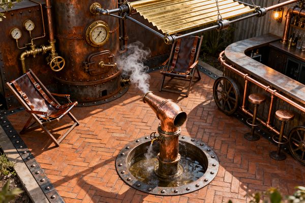 An outdoor steampunk patio with herringbone brick paving features a central copper pipe fountain emitting steam, two brown leather sling chairs, and a curved bar built from distressed metal and copper piping with wagon-wheel details. A riveted boiler with brass gauges and valves anchors the wall, while a corrugated brass canopy and caged Edison light add warm amber glow.