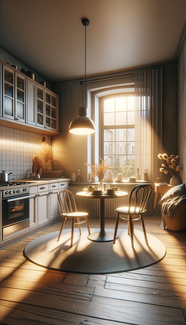 A cozy dinette setup with a small table and chairs, adjacent to a kitchen, bathed in natural light from a nearby window.