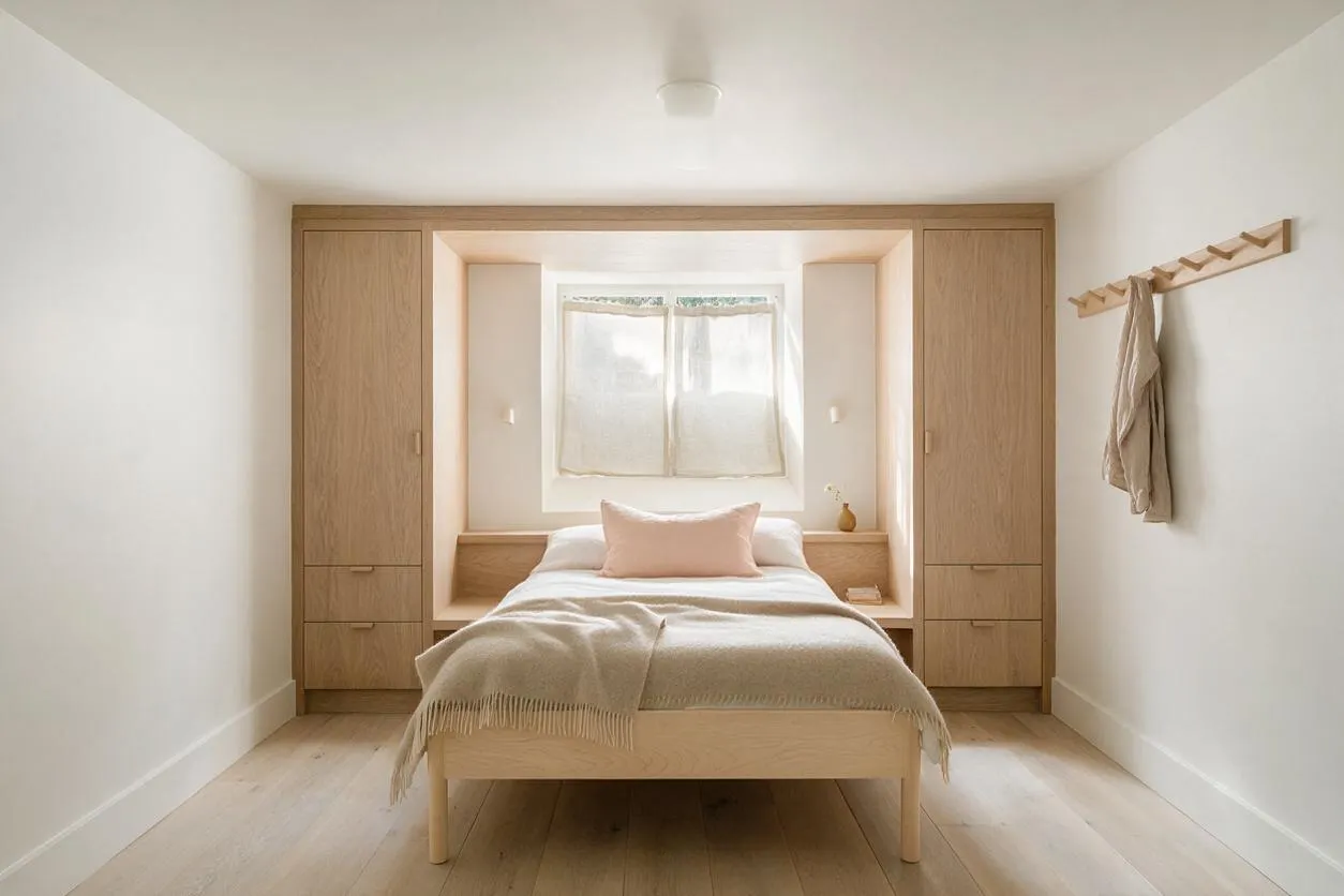 A serene basement bedroom in Scandinavian style with a light wood bed centered in a recessed niche, flanked by built-in oak wardrobes. White walls, pale wood flooring, soft neutral bedding, and a small window with sheer curtains create a bright, minimal atmosphere, while a wall-mounted peg rail adds simple function.