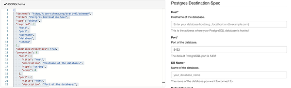 The image displays a JSON schema for a Postgres database configuration alongside a user interface for inputting database details.