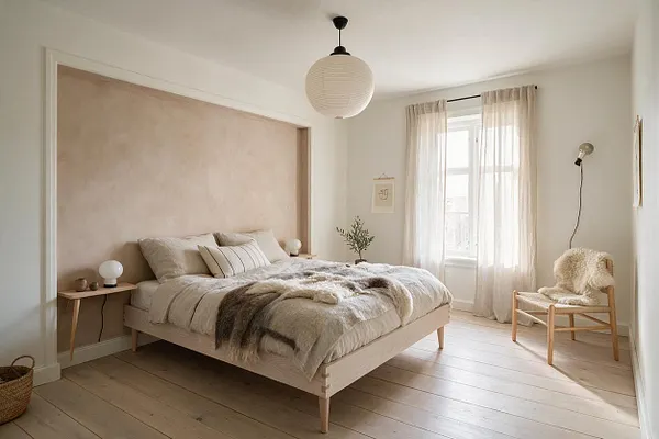 A bright Scandinavian-style guest bedroom with a light wood bed dressed in beige and cream bedding, a large taupe upholstered headboard wall, and sheer curtains over a window. The room includes a paper pendant light, simple wood nightstands, a small chair with a sheepskin throw, and pale wood plank flooring.