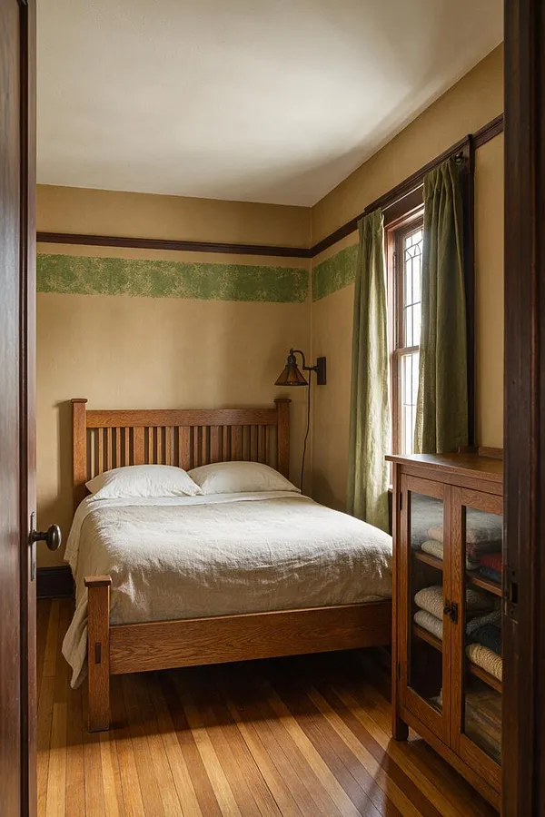 A compact Craftsman-style bedroom with a wooden slatted bed frame, white bedding, and green curtains beside a tall window. Tan walls, dark wood trim, a painted green band near the ceiling, and honey-toned hardwood floors create a warm, traditional atmosphere.