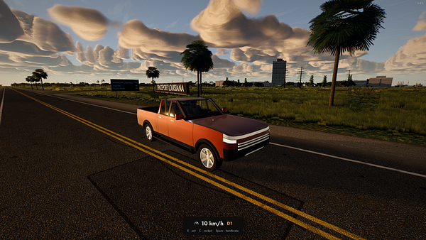 A red pickup truck is parked on a two-lane road with yellow dividing lines under a dramatic cloud-filled sky near roadside signs in a grassy area.