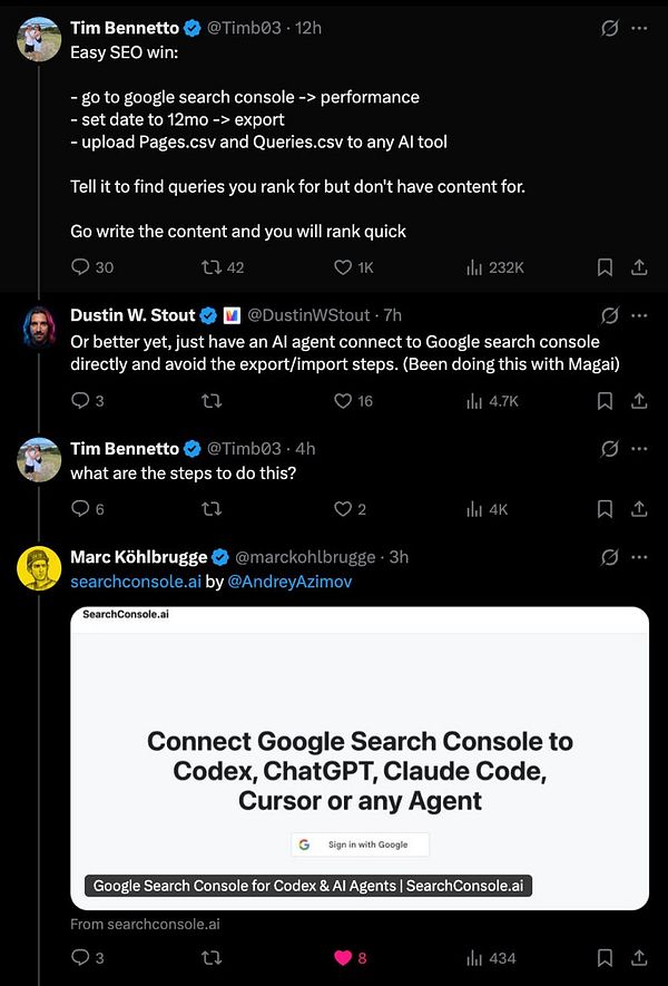 A Twitter post screenshot showing a tweet by Marc Kohlbrugge about SEO tools and a discussion about variables in GA4 and the Google Search Console.