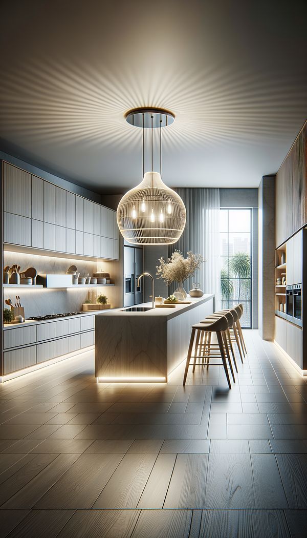 a stylish kitchen with a pendant light fixture hanging over an island