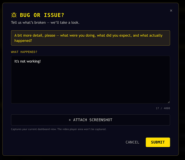 Screenshot of a user dashboard with a bug reporting form and various navigation elements.