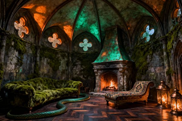 A dramatic Gothic living room set in a circular, stone-vaulted chamber with ribbed arches and quatrefoil windows glowing amber and green. A verdigris copper chimney tops a blazing fireplace, lighting weathered masonry and trailing moss. A moss-covered tufted sofa faces a fringed brocade chaise on a dark herringbone wood floor. Brass lanterns flicker by the hearth as a large green-scaled serpent coils across the floor for theatrical effect.