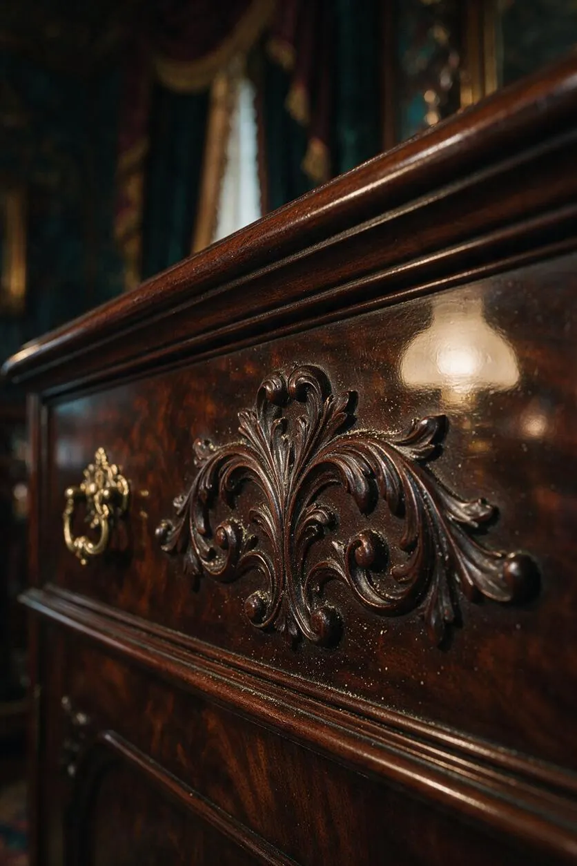 Close-up of a dark polished wooden cabinet front with elaborate carved floral scrollwork and a small brass ring pull. The glossy finish reflects warm light, and blurred drapery in the background reinforces the richly decorated Victorian setting.