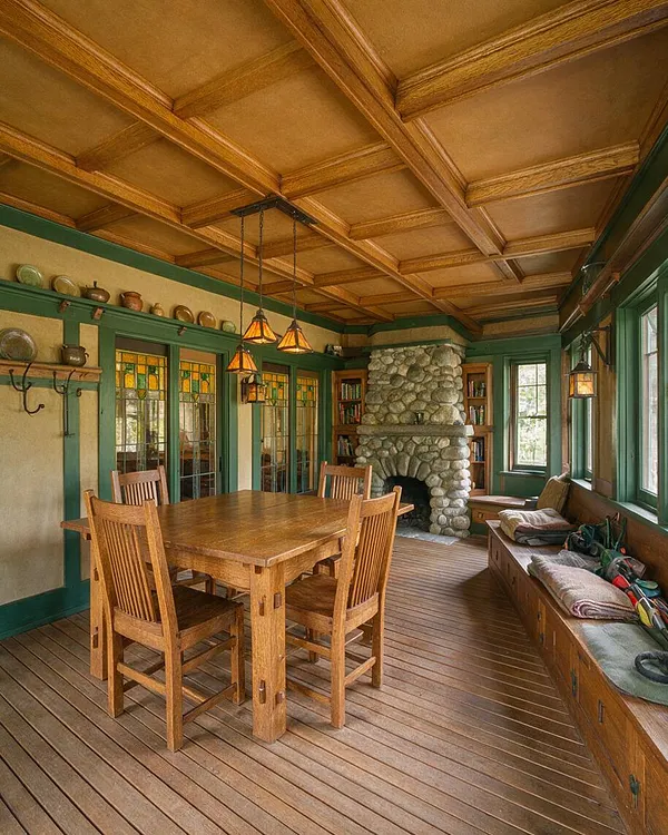 A Craftsman-style patio or screened porch with a coffered wood ceiling, green trim, and warm wood flooring. The space includes a wooden dining table with chairs, stained glass window panels, a large stone fireplace, built-in bench seating, and amber pendant lights.