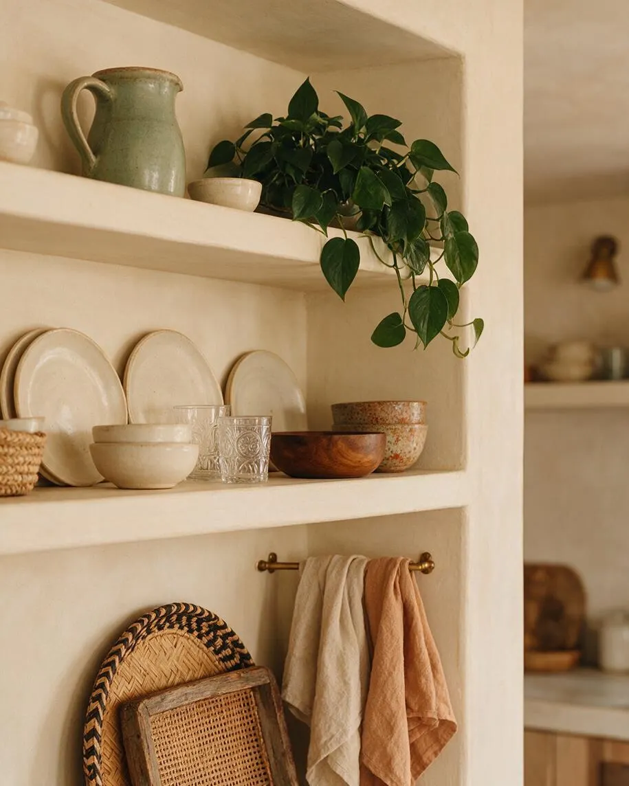 A warm bohemian kitchen vignette with open recessed shelves holding cream ceramic plates, glass tumblers, a green ceramic pitcher, small bowls, and a trailing leafy plant. Below, a brass towel bar with soft neutral dish towels sits above woven trays and a cane-backed piece, all against creamy plaster walls.