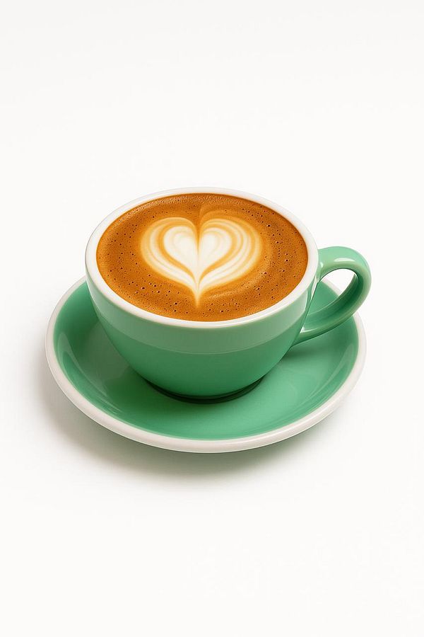 A beautifully crafted latte with heart-shaped foam art in a mint green cup.