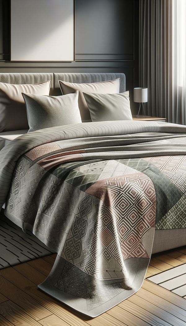 A neatly made bed in a well-lit, contemporary bedroom, showcasing a stylish geometric-patterned coverlet in muted tones draped over the bed, complementing the room's modern decor.