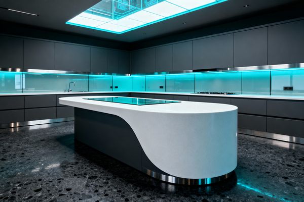 A dark, minimalist kitchen features matte charcoal cabinets and a curved white island with an integrated black-glass induction cooktop. Seamless white countertops, a back-painted glass backsplash lit by cyan LEDs, stainless steel accents, and a glowing ceiling panel contrast with polished black terrazzo flooring; along the perimeter are a slim gas cooktop, a sleek stainless sink, and handleless drawers, creating a clean, futuristic workspace bathed in cool blue light.