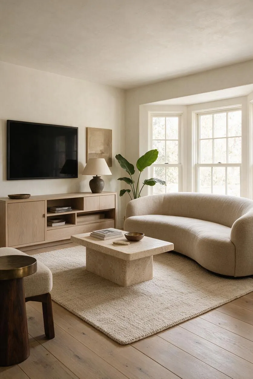 A serene organic modern media room with a wall-mounted black TV above a light oak media console, a curved cream sofa, and a textured stone coffee table on a soft neutral rug. Large windows bring in diffused daylight, while a potted plant, ceramic lamp, and natural wood flooring add warmth.