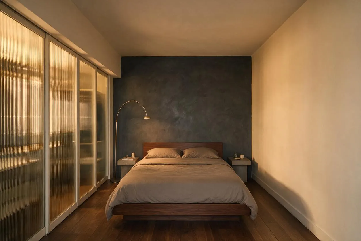 A modern master bedroom with a low wood bed centered against a dark textured accent wall, dressed in neutral bedding and flanked by small floating nightstands. A curved floor lamp adds soft light, while frosted glass sliding doors line the left side and a warm beige wall runs along the right.