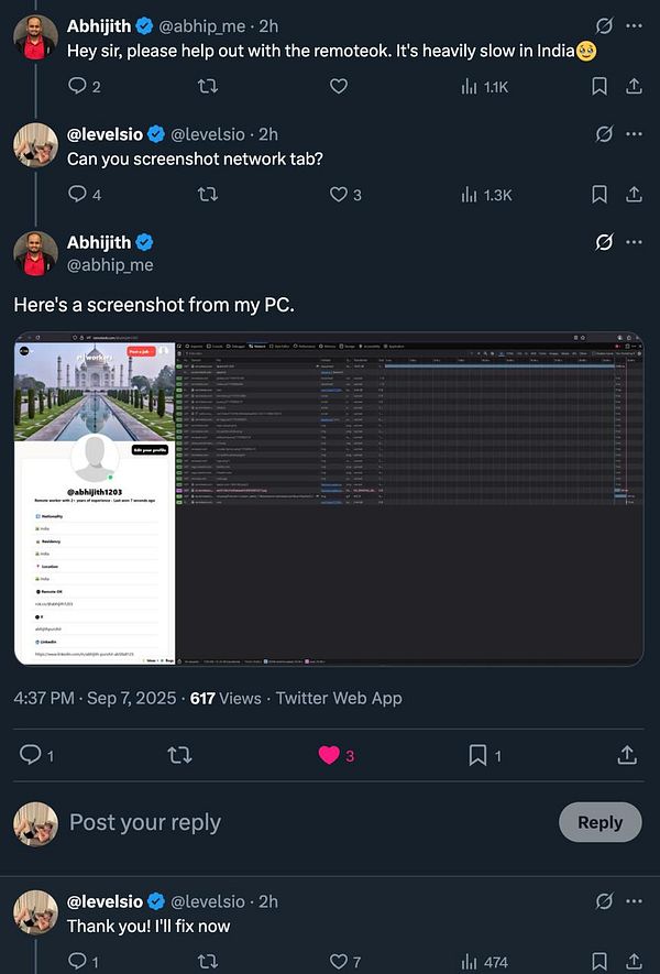 A Twitter conversation about troubleshooting slow performance on RemoteOK, featuring a screenshot of a network tab from a web browser.
