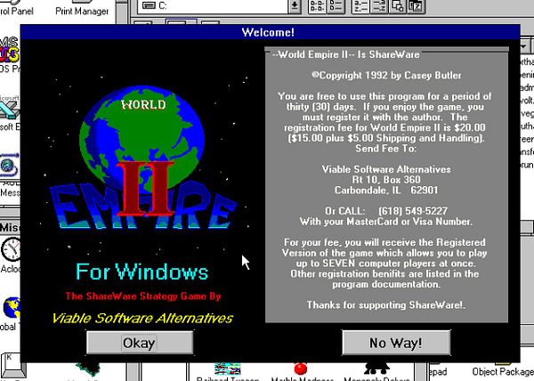 The image displays a welcome screen for the game 'World Empire II' with registration details and options.