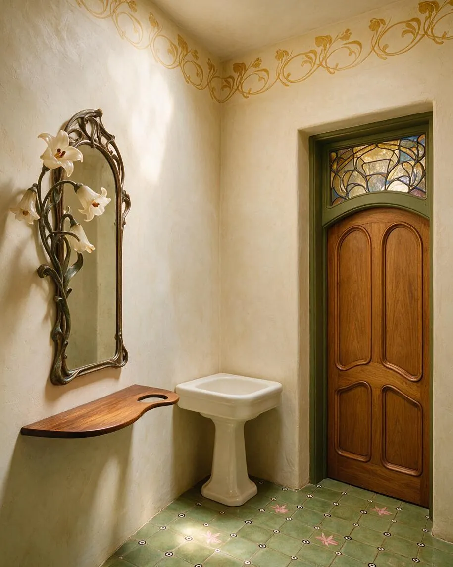 A small powder room with cream plaster walls, a carved wooden door with stained glass transom, and a decorative metal-framed mirror accented by white lily-like flowers. A curved wooden shelf and pedestal sink sit against the wall, while green patterned floor tiles and gold wall motifs complete the Art Nouveau look.