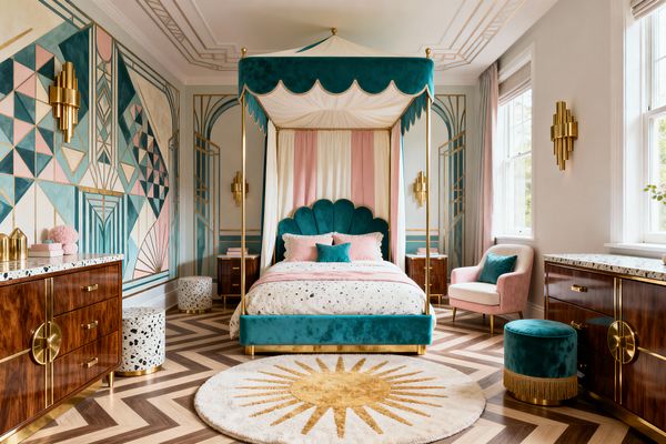 A glamorous children’s bedroom centers on a teal velvet scalloped headboard and brass four-poster canopy with a teal scalloped valance and blush-and-ivory drapes. Art Deco murals in teal, pink, and gold frame the walls and ceiling, flanked by tiered brass sconces. Walnut dressers with brass circle pulls and terrazzo tops, terrazzo stools, a blush chair, a teal fringe ottoman, a chevron wood floor, and a round sunburst rug complete the bright, naturally lit space.