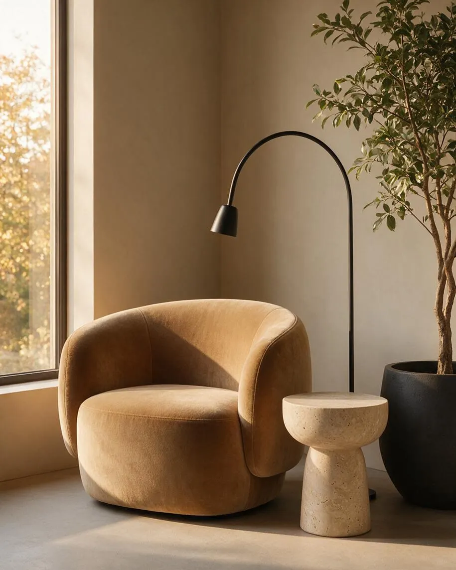 A modern lounge corner with a rounded tan upholstered armchair beside a small sculptural stone side table. A black arched floor lamp stands behind it, and a tall potted tree in a matte black planter adds greenery near a large window with warm daylight.