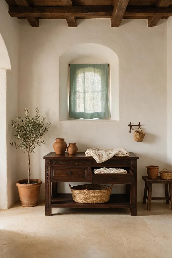 A serene nursery with white plaster walls, a dark carved wood changing table, and exposed wooden ceiling beams. Terracotta pots, woven baskets, a small olive tree, and a soft green curtain create a warm Mediterranean feel.
