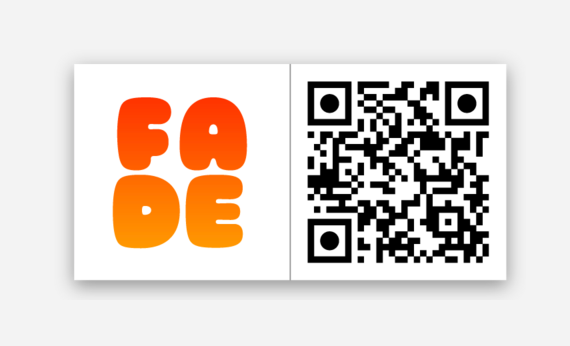 The image features a design for stickers with the word 'FADE' and a QR code.