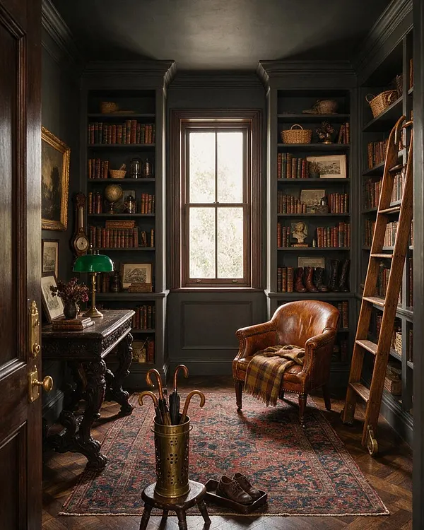 A moody dark academia entryway with built-in bookshelves lining both sides of the room, a centered window, a worn Persian-style rug, a leather armchair, and a vintage desk lamp. A wooden ladder, framed artwork, boots, and an umbrella stand complete the scholarly, collected look.