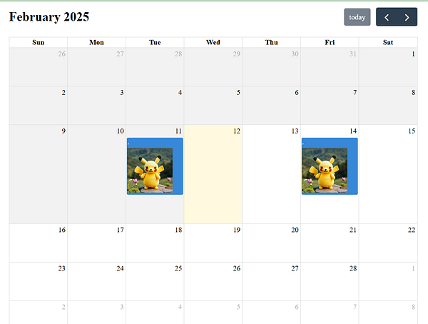 A calendar for February 2025 with scheduled posts featuring a Pikachu image.