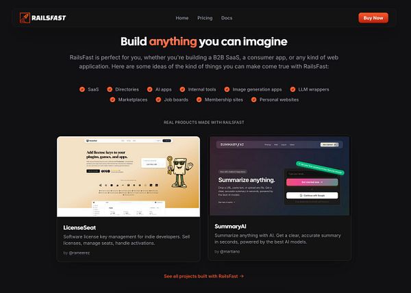 Screenshot of the RailsFast landing page highlighting the "built with" section featuring the SummaryAI logo and description.