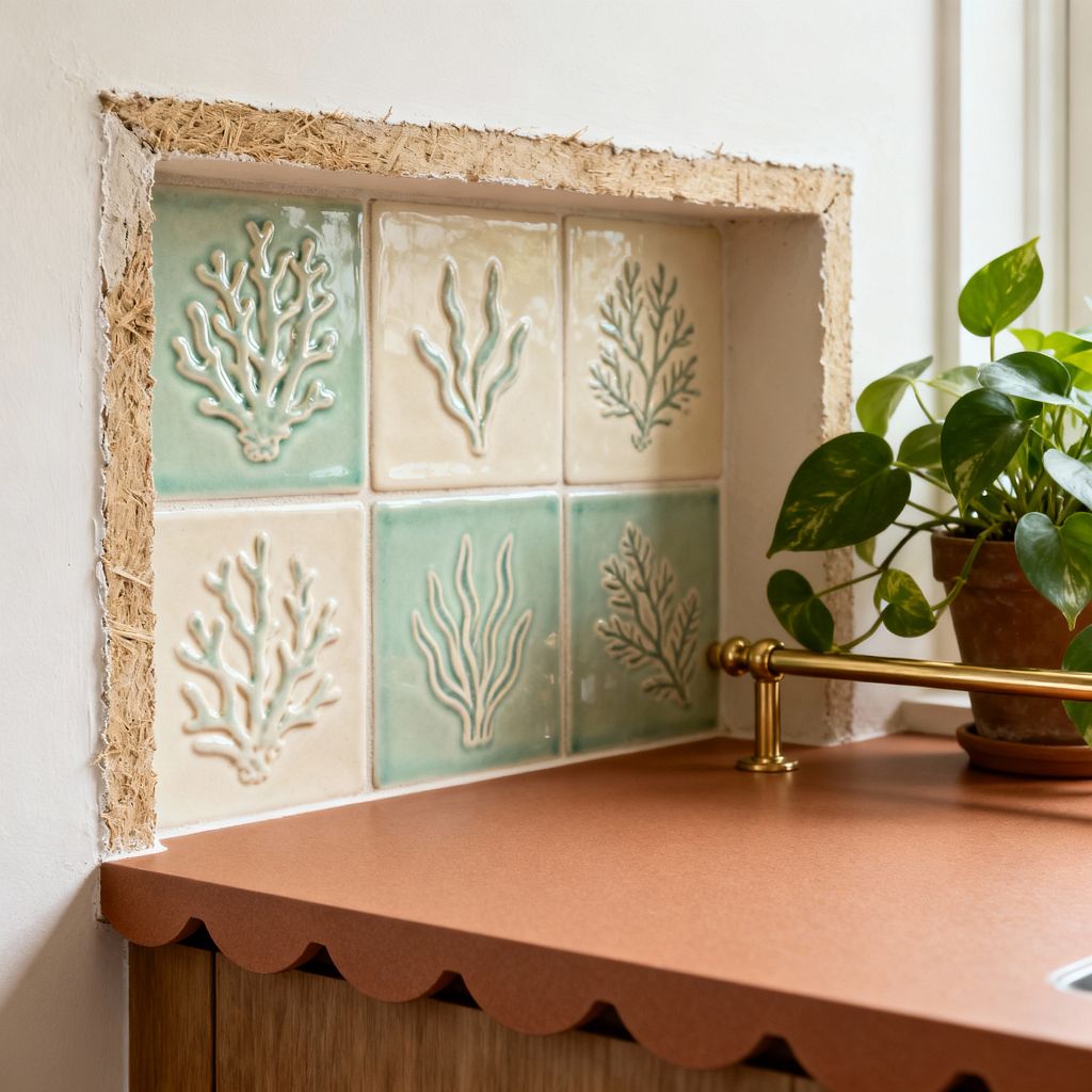 A close-up of a kitchen corner shows a niche backsplash of glossy ceramic tiles in alternating seafoam green and sandy cream, each embossed with coral and seaweed motifs. A matte terracotta countertop with a scalloped edge meets light oak cabinetry, while a small brass faucet and a heart-shaped-leaf trailing plant in a clay pot sit near a sunlit window; the niche edges reveal rough plaster with a fibrous substrate, emphasizing natural texture.