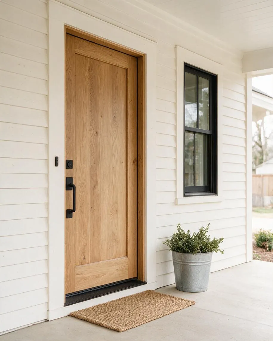 A modern farmhouse porch with white horizontal siding, a natural wood front door, and a black-framed window. A woven tan doormat and a galvanized metal planter with greenery add simple, welcoming detail.