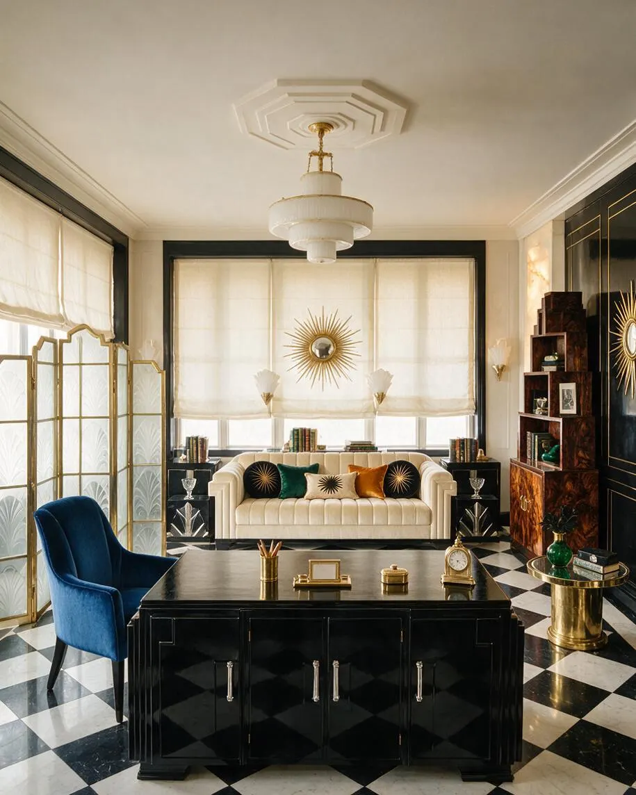 A sunroom with Art Deco styling features a black-and-white checkerboard floor, a glossy black cabinet in the foreground, and a cream tufted sofa beneath a large window with sheer shades. Gold accents appear throughout, including a sunburst wall mirror, a folding screen, and side tables, while a blue velvet chair adds rich color contrast.