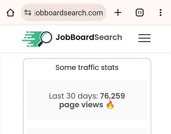 The image displays traffic statistics for the JobBoardSearch website.
