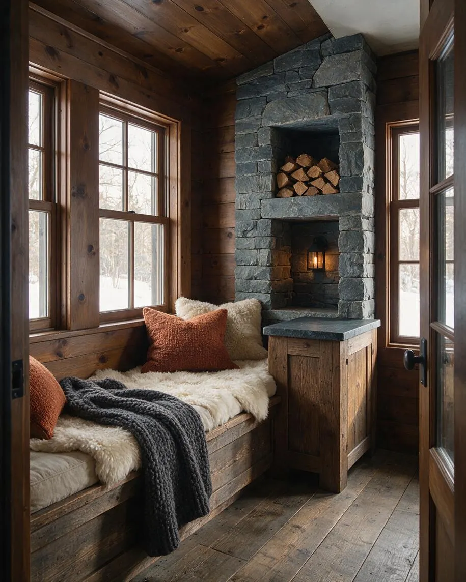 A narrow rustic front porch with wood-paneled walls and ceiling, large wood-trimmed windows, and a central stacked-stone fireplace with built-in firewood storage. A wooden bench with sheepskin and textured throw pillows sits along one side, creating a warm, cabin-like seating nook.