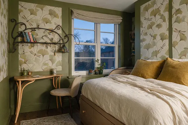 A compact studio apartment bedroom styled in Art Nouveau design, featuring botanical floral wallpaper, olive green walls and trim, and a curved wrought-iron shelf above a small wooden desk. A bed with white linen bedding and mustard-gold pillows sits beside a large window with a soft Roman shade, creating a warm, vintage-inspired atmosphere.
