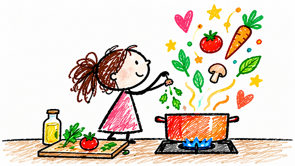 A colorful hand-drawn illustration of a girl cooking on a stove, adding herbs to a pot with vegetables and hearts floating up.