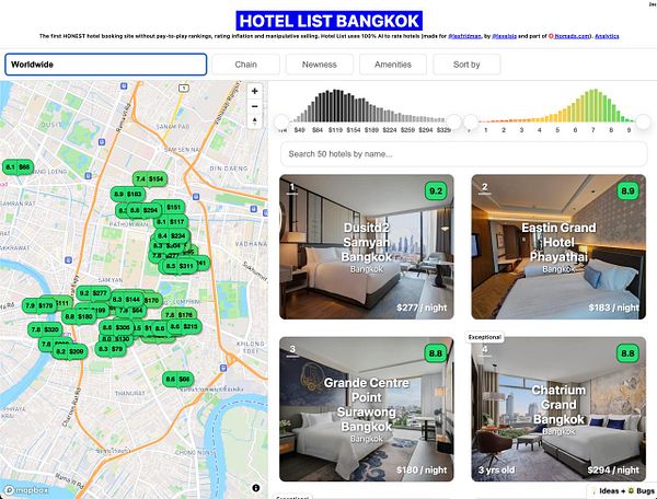 A detailed hotel listing interface for Bangkok, showcasing various hotels on a map with ratings and prices.