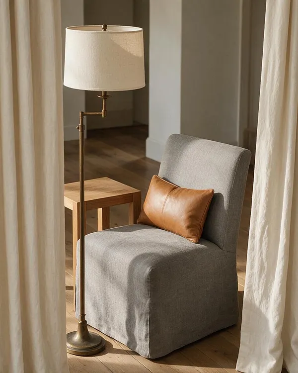 A cozy Transitional-style vignette framed by cream curtains features a gray upholstered chair with a tan leather lumbar pillow, a slender brass floor lamp with a cream shade, and a small light wood side table. Warm wood flooring and soft neutral tones create a calm, sunlit atmosphere.