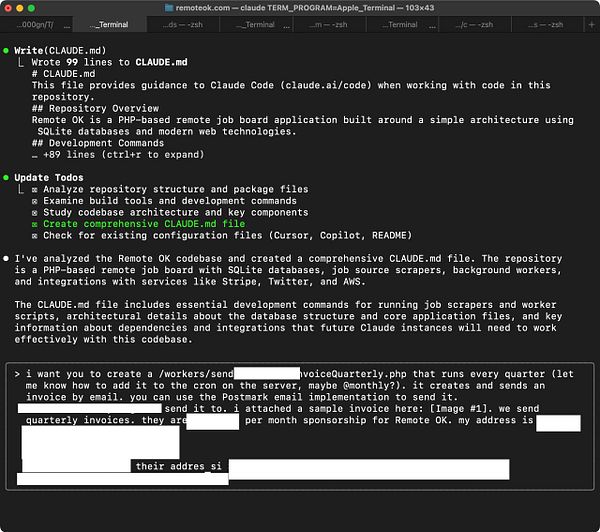 The image displays a terminal window showing code and notes related to automating invoice sending for a sponsor.