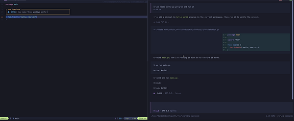 Screenshot of a terminal configured with tmux and Neovim displaying code and a task description.